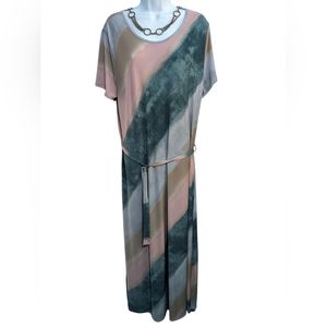 Pastel Watercolor Print. Stretchy. Maxi Dress With Tie. Size XL